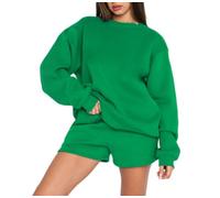Womens Two Piece Lounge Set Crewneck Long Sleeve Sweatshirt And Shorts (Green,XL)