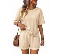Womens Two Piece Lounge Set Loose Short Sleeve Top And Matching Shorts (Apricot,L)