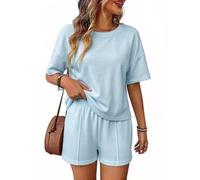 Womens Two Piece Lounge Set Loose Short Sleeve Top And Matching Shorts (Blue,S)