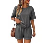Womens Two Piece Lounge Set Loose Short Sleeve Top And Matching Shorts (Dark Gray,S)