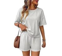 Womens Two Piece Lounge Set Loose Short Sleeve Top And Matching Shorts (Light Gray,S)