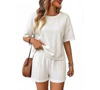 Womens Two Piece Lounge Set Loose Short Sleeve Top And Matching Shorts (White,S)