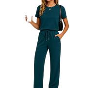 Women's Two Piece Outfits Summer Short Sleeve Tops Wide Leg Pants Sets Casual Lounge Wear Drawstring Waist Solid Color Tracksuit for Spring Fall