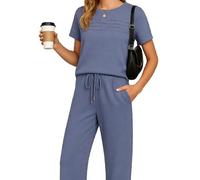 Women's Two Piece Outfits Summer Short Sleeve Tops Wide Leg Pants Sets Casual Lounge Wear Drawstring Waist Solid Color Tracksuit for Spring Fall