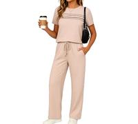 Women's Two Piece Outfits Summer Short Sleeve Tops Wide Leg Pants Sets Casual Lounge Wear Drawstring Waist Solid Color Tracksuit for Spring Fall