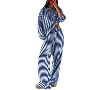 Womens Two Piece Set Striped Long Sleeve Top Wide Leg Pants (blue,XL)