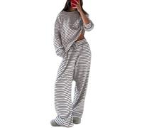 Womens Two Piece Set Striped Long Sleeve Top Wide Leg Pants (Gray,XXL)
