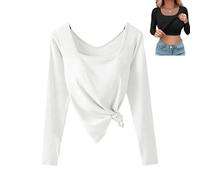 Women's U-Neck Built-In Bra Long Sleeve Ribbed Top Shirts Elegant Square Neck Slim Fit Base Layer Top Fall Casual T-Shirts (White,M)