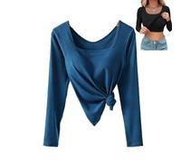 Women's U-Neck Built-In Bra Long Sleeve Ribbed Top Shirts Elegant Square Neck Slim Fit Base Layer Top Fall Casual T-Shirts (Blue,M)