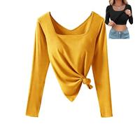Women's U-Neck Built-In Bra Long Sleeve Ribbed Top Shirts Elegant Square Neck Slim Fit Base Layer Top Fall Casual T-Shirts (Yellow,M)