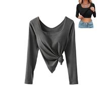Women's U-Neck Built-In Bra Long Sleeve Ribbed Top Shirts Elegant Square Neck Slim Fit Base Layer Top Fall Casual T-Shirts (Gray,XS)