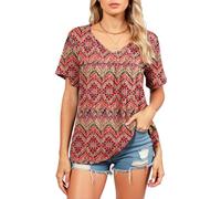 Women's V Neck Abstract Paint Stroke Print T Shirt Short Sleeve Loose Fit Casual Blouse Summer Pleated Yoke Detail Top for Vacation Beach Wear