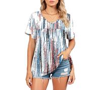 Women's V Neck Abstract Paint Stroke Print T Shirt Short Sleeve Loose Fit Casual Blouse Summer Pleated Yoke Detail Top for Vacation Beach Wear