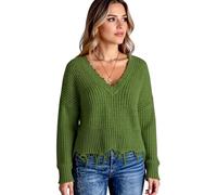 Women's V Neck Batwing Sleeve Sweater Casual Loose Fit Waffle Knit Pullover with Frayed Hem Tassel Detail Fall Winter Fashion Top for Ladies