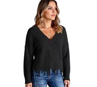 Women's V Neck Batwing Sleeve Sweater Casual Loose Fit Waffle Knit Pullover with Frayed Hem Tassel Detail Fall Winter Fashion Top for Ladies