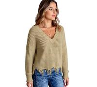 Women's V Neck Batwing Sleeve Sweater Casual Loose Fit Waffle Knit Pullover with Frayed Hem Tassel Detail Fall Winter Fashion Top for Ladies
