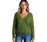 Women's V Neck Batwing Sleeve Sweater with Fringe Hem Casual Knit Pullover Top Boho Distressed Long Sleeve Jumper for Fall Winter Daily Wear