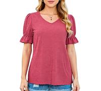 Women's V Neck Chiffon Blouse Short Sleeve Puff Sleeve Ruffle Top Casual Loose Fit Summer Shirt Textured Dot Pattern Mint Green Tunic for Ladies
