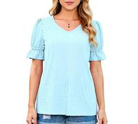 Women's V Neck Chiffon Blouse Short Sleeve Puff Sleeve Ruffle Top Casual Loose Fit Summer Shirt Textured Dot Pattern Mint Green Tunic for Ladies