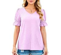 Women's V Neck Chiffon Blouse Short Sleeve Puff Sleeve Ruffle Top Casual Loose Fit Summer Shirt Textured Dot Pattern Mint Green Tunic for Ladies