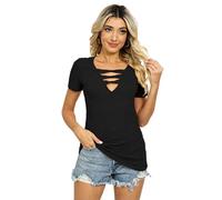 Women's V Neck Criss Cross Strappy Cutout Short Sleeve T Shirt Summer Casual Slim Fit Ribbed Knit Tops tee Black Fashion Sexy Going out