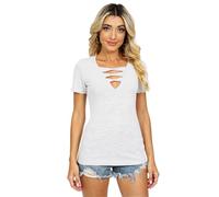 Women's V Neck Criss Cross Strappy Cutout Short Sleeve T Shirt Summer Casual Slim Fit Ribbed Knit Tops tee Black Fashion Sexy Going out