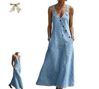 Women's V Neck Denim Maxi Dress Adjustable Strap Sleeveless Casual Jean Dress with Pockets,Vintage Button A-Line Jean Dress (FR/ES, Letras, L, Regular, Regular, Light Blue)