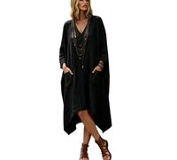 Womens V Neck Dress Three Quarter Sleeve Irregular Hem with Pockets (Black,XL)