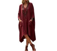 Womens V Neck Dress Three Quarter Sleeve Irregular Hem with Pockets (Burgundy,L)
