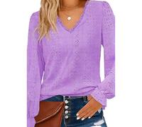 Women's V Neck Eyelet Blouse Long Sleeve Ruched Cuff Casual Loose Fit Hollow out Lace Trim Top Spring Summer Shirt Lightweight Breathable Daily Wear