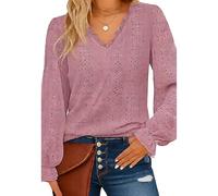 Women's V Neck Eyelet Blouse Long Sleeve Ruched Cuff Casual Loose Fit Hollow out Lace Trim Top Spring Summer Shirt Lightweight Breathable Daily Wear