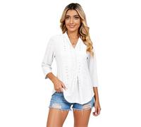 Women's V Neck Eyelet Lace Blouse 3/4 Sleeve Loose Fit Tunic Top Casual Summer Jacquard Shirt Solid White T-Shirt for Work Party Daily Wear