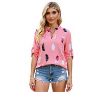 Women's V Neck Feather Print Blouse 3/4 Sleeve Loose Fit Casual Shirt Lightweight Chiffon Top for Spring Summer Office Wear Daily Life