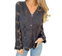 Women's V Neck Lace Hollow out Cardigans Fashion Lightweight Long Sleeve Sweater Casual Button Up Top for Parties