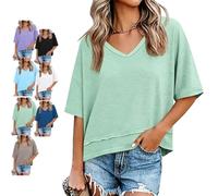 Women's V-Neck Mid-Length Sleeve Spliced Hem Basic Top Summer Half Sleeve T Shirts Layered Hem Loose Fit Basic tee Flowy Tops (Green A,XXL)