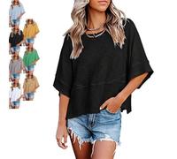 Women's V-Neck Mid-Length Sleeve Spliced Hem Basic Top Summer Half Sleeve T Shirts Layered Hem Loose Fit Basic tee Flowy Tops (Black B,L)