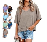 Women's V-Neck Mid-Length Sleeve Spliced Hem Basic Top Summer Half Sleeve T Shirts Layered Hem Loose Fit Basic tee Flowy Tops (Gray A,L)