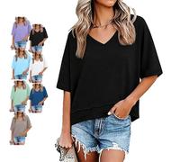Women's V-Neck Mid-Length Sleeve Spliced Hem Basic Top Summer Half Sleeve T Shirts Layered Hem Loose Fit Basic tee Flowy Tops (Black A,XXL)