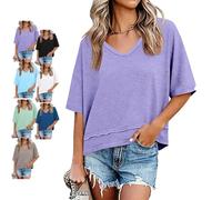 Women's V-Neck Mid-Length Sleeve Spliced Hem Basic Top Summer Half Sleeve T Shirts Layered Hem Loose Fit Basic tee Flowy Tops (Purple A,XXL)