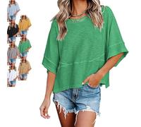 Women's V-Neck Mid-Length Sleeve Spliced Hem Basic Top Summer Half Sleeve T Shirts Layered Hem Loose Fit Basic tee Flowy Tops (Green B,S)