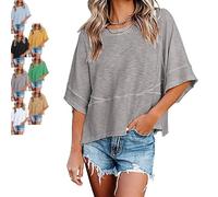 Women's V-Neck Mid-Length Sleeve Spliced Hem Basic Top Summer Half Sleeve T Shirts Layered Hem Loose Fit Basic tee Flowy Tops (Gray B,L)