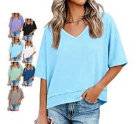 Women's V-Neck Mid-Length Sleeve Spliced Hem Basic Top Summer Half Sleeve T Shirts Layered Hem Loose Fit Basic tee Flowy Tops (Blue A,L)