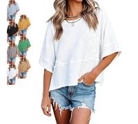 Women's V-Neck Mid-Length Sleeve Spliced Hem Basic Top Summer Half Sleeve T Shirts Layered Hem Loose Fit Basic tee Flowy Tops (White B,XXL)