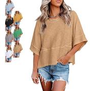 Women's V-Neck Mid-Length Sleeve Spliced Hem Basic Top Summer Half Sleeve T Shirts Layered Hem Loose Fit Basic tee Flowy Tops (Khaki B,XL)