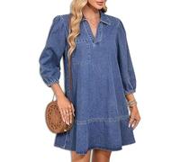 Women's V-Neck Puff 3/4 Sleeve Denim Layered Dress Womens Cute Fashion Fall A Line Layered Dress Summer Jean Dresses (Blue,L)