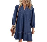 Women's V-Neck Puff 3/4 Sleeve Denim Layered Dress Womens Cute Fashion Fall A Line Layered Dress Summer Jean Dresses (Dark Blue,S)