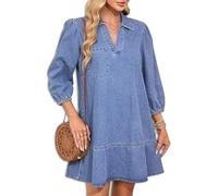 Women's V-Neck Puff 3/4 Sleeve Denim Layered Dress Womens Cute Fashion Fall A Line Layered Dress Summer Jean Dresses (Light Blue,S)