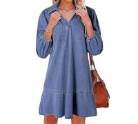 Women's V-Neck Puff 3/4 Sleeves Denim Layered Dress - Cute Fashion A Line Jean Dress for Summer & Fall (Blue,XL)
