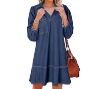 Women's V-Neck Puff 3/4 Sleeves Denim Layered Dress - Cute Fashion A Line Jean Dress for Summer & Fall (Dark Blue,M)