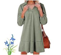 Women's V-Neck Puff Sleeve Denim Layered Dress, 3/4 Sleeve Ruffle Denim Dress V Neck Denim with Pockets (Green,M)